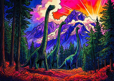 Psychedelic Dinosaurs in Mountain Landscape