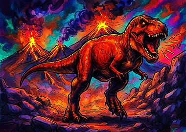 Roaring T-Rex in Volcanic Landscape