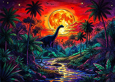 Dinosaur in a Neon Tropical Jungle