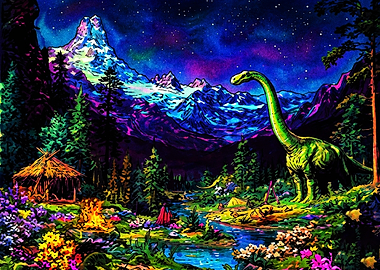 Psychedelic Dinosaur Mountain Landscape