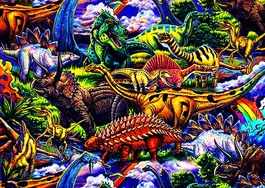 Vibrant Psychedelic Dinosaur Jungle Scene