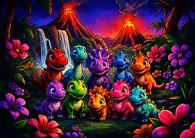 Colorful Baby Dinosaurs in Tropical Jungle
