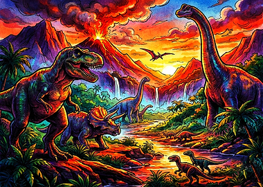 Vibrant Prehistoric Dinosaur Landscape Scene