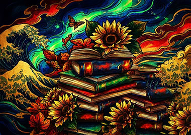 Stained Glass Sunflower and Book Stack