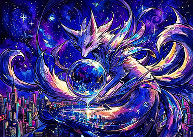 Cosmic Nine-Tailed Fox Over City