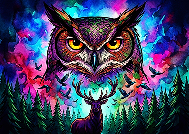 Vibrant Owl and Deer Forest Scene
