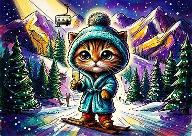 Cute Cat Skiing with Champagne