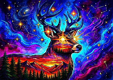 Cosmic Deer with Mountain Landscape Silhouette