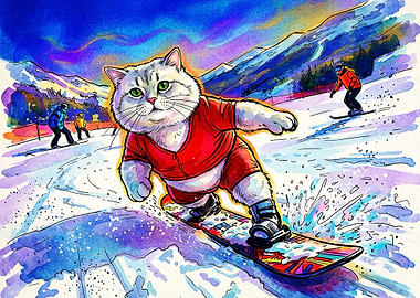 Snowboarding Cat on Snowy Mountain