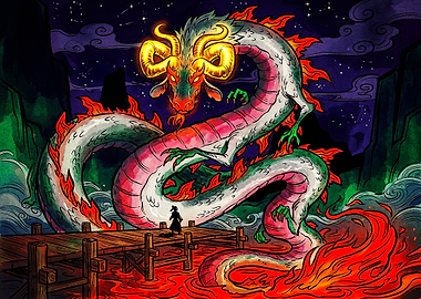 Lone Traveler Facing Mythical Dragon