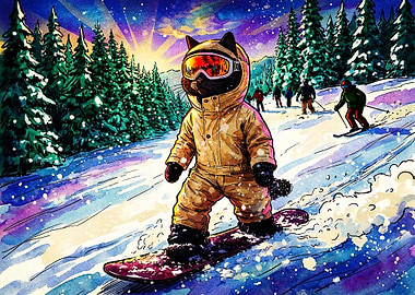 Black Cat Snowboarding on Snowy Mountain