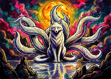 Nine-Tailed Fox Under Full Moon