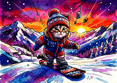 Cute Cat Snowboarding in Mountains
