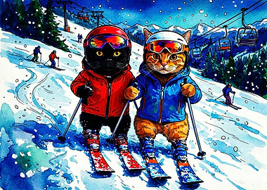 Two Cats Skiing in Winter
