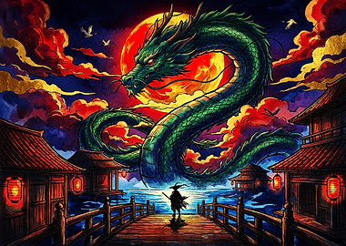 Samurai Facing a Giant Dragon