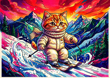 Cute Cat Skiing in Vibrant Mountains