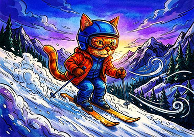 Cute Cat Skiing in Mountains