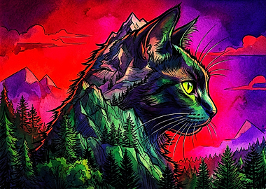 Double Exposure Mountain Cat Art