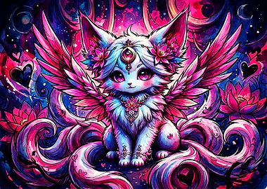 Magical Winged Kitsune Cat Illustration