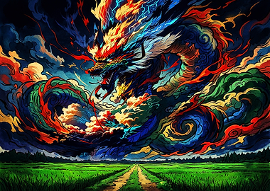 Majestic Colorful Dragon Over Field