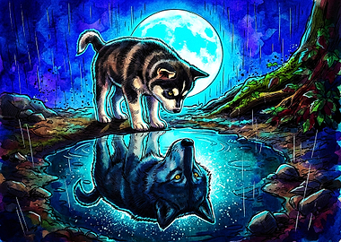 Wolf Puppy Reflecting as Adult Wolf