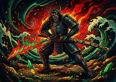 Fiery Samurai Warrior with Flaming Katana