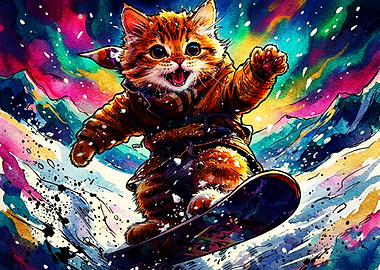 Cute Cat Snowboarding Under Aurora