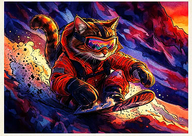 Cool Cat Snowboarding Down Mountain
