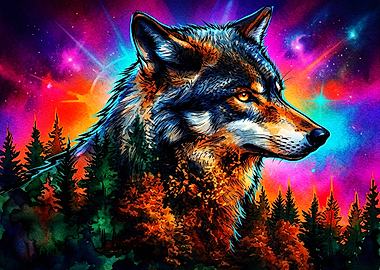 Vibrant Cosmic Wolf Forest Portrait