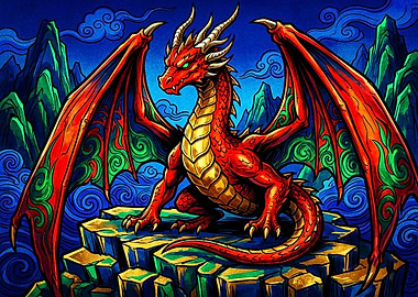 Majestic Red Dragon on Mountain Peak