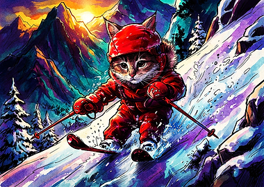 Cute Cat Skiing Down Mountain