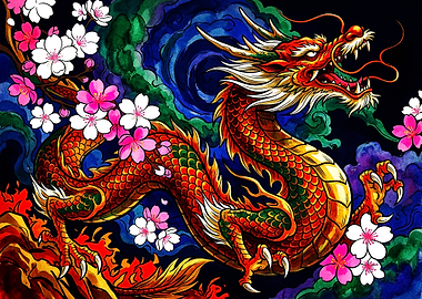 Vibrant Japanese Dragon and Cherry Blossoms