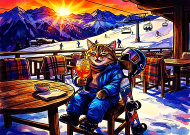 Happy Cat Enjoying Après-Ski Drink