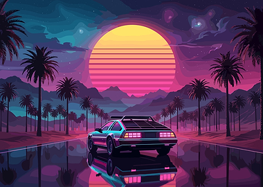 Synthwave DeLorean Sunset Drive