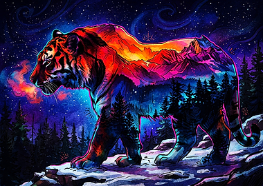 Double Exposure Neon Tiger Landscape