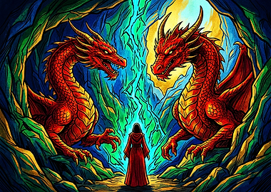 Wizard Facing Two Red Dragons