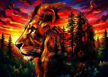 Double Exposure Lion Forest Sunset Art
