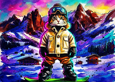 Cool Cat Snowboarder in Vibrant Mountains
