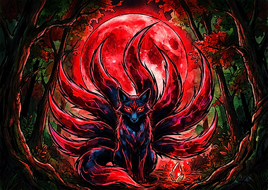 Nine-Tailed Fox Under Red Moon