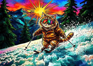Skiing Tabby Cat in Vibrant Mountains
