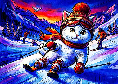 Cute Cat Skiing in Mountains
