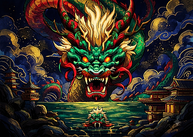 Majestic Japanese Dragon Over Temple