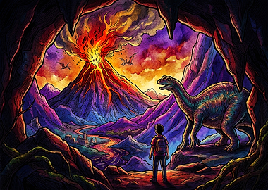 Boy and Dinosaur Watching Volcano Eruption