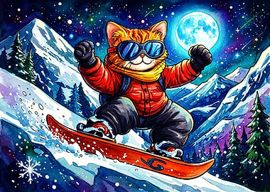 Cute Cat Snowboarding Under Moonlight