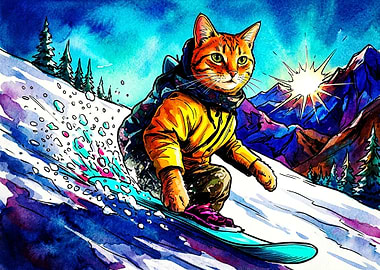 Orange Tabby Cat Snowboarding