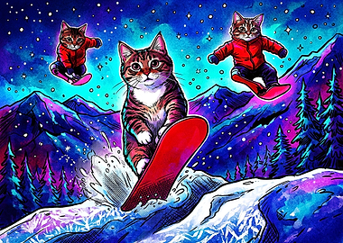 Cats Snowboarding in Neon Mountains