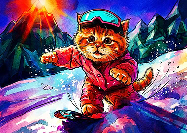 Cute Kitten Snowboarding in Mountains
