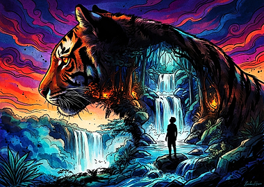Surreal Tiger Jungle Waterfall Art