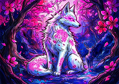 Mystical Wolf in Cherry Blossom Forest
