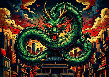 Green Dragon Over Traditional Cityscape